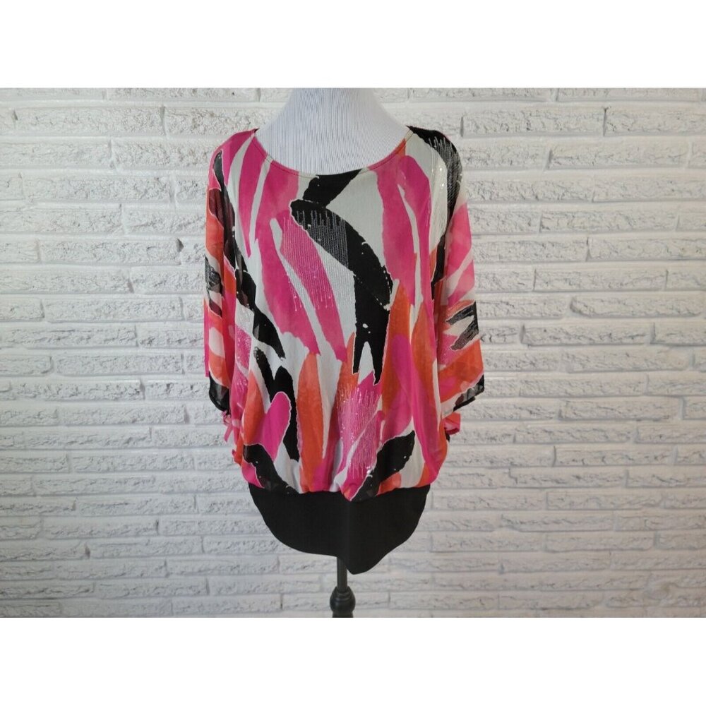 Alfani Plus 0X Pink Watercolor Sequin Tunic Blouse‎ Boat Neck Kimono WAT93E